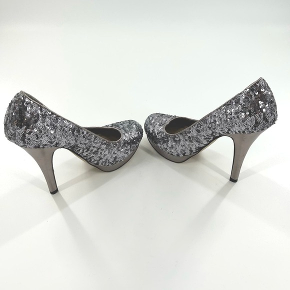 Olsenboye Silver Sequin Parys Round Toe Platform High Heel Stilettos Size 7.5 - Picture 7 of 11